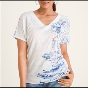 Chico’s Linen V-Neck Saul oat Print Tee SZ 3